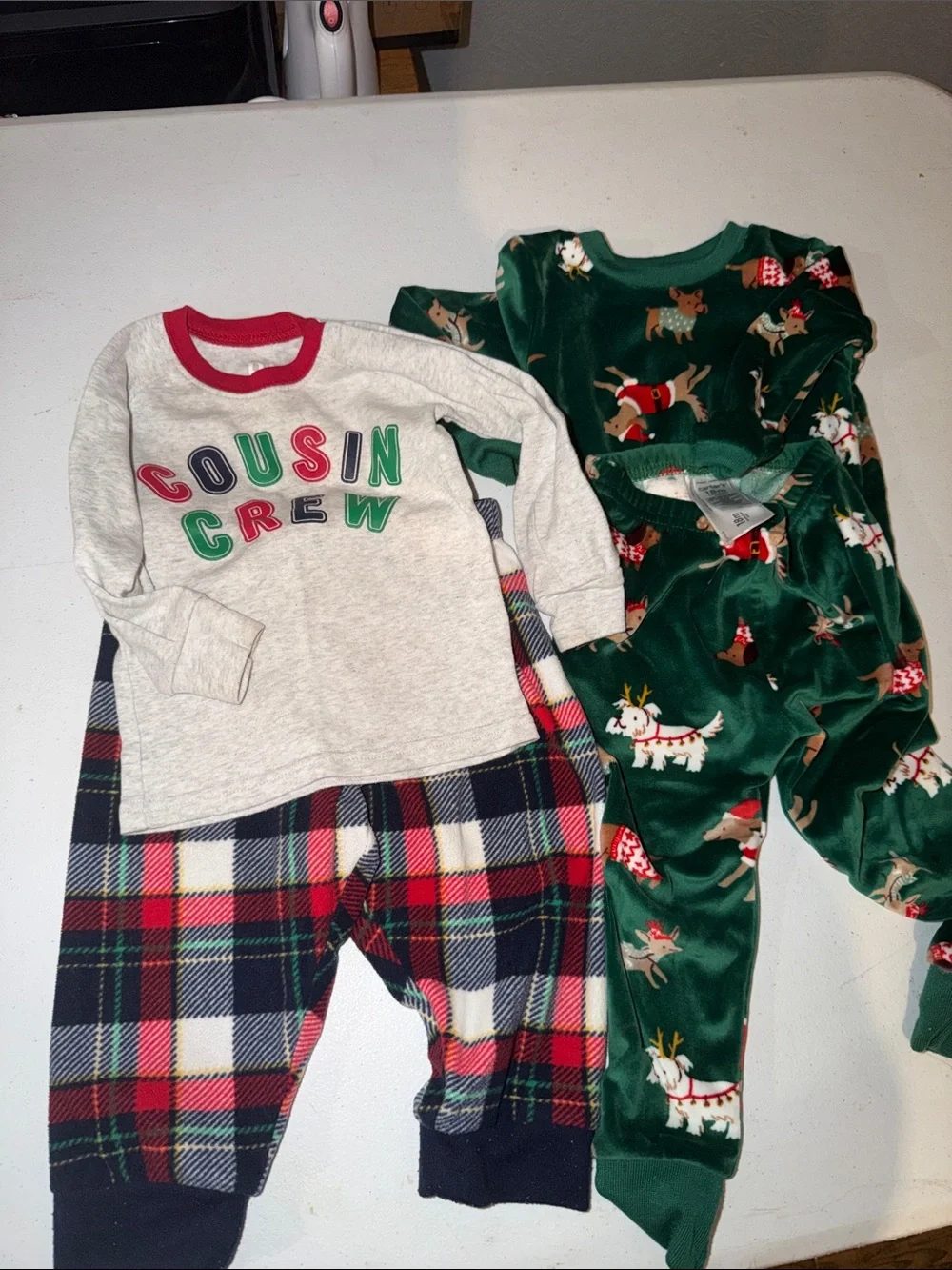 Kids Pajamas Set - 'Cousin Crew' Plaid Pants & Green Reindeer PJs